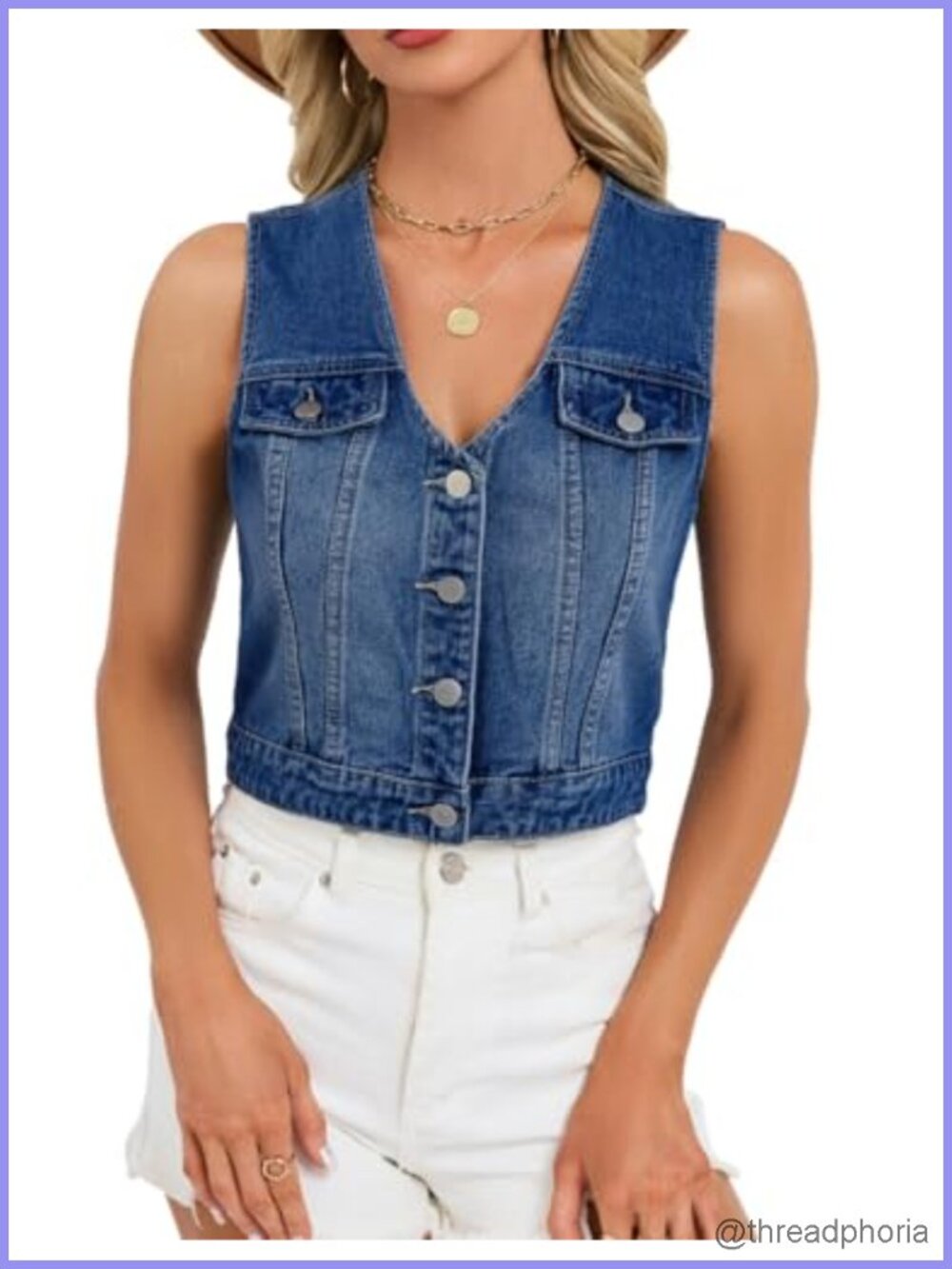 Women's Cropped Denim Vest Sleeveless V-Neck Button Down Classic